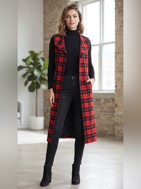 Red & Black Tartan Plaid Long Sleeveless Vest